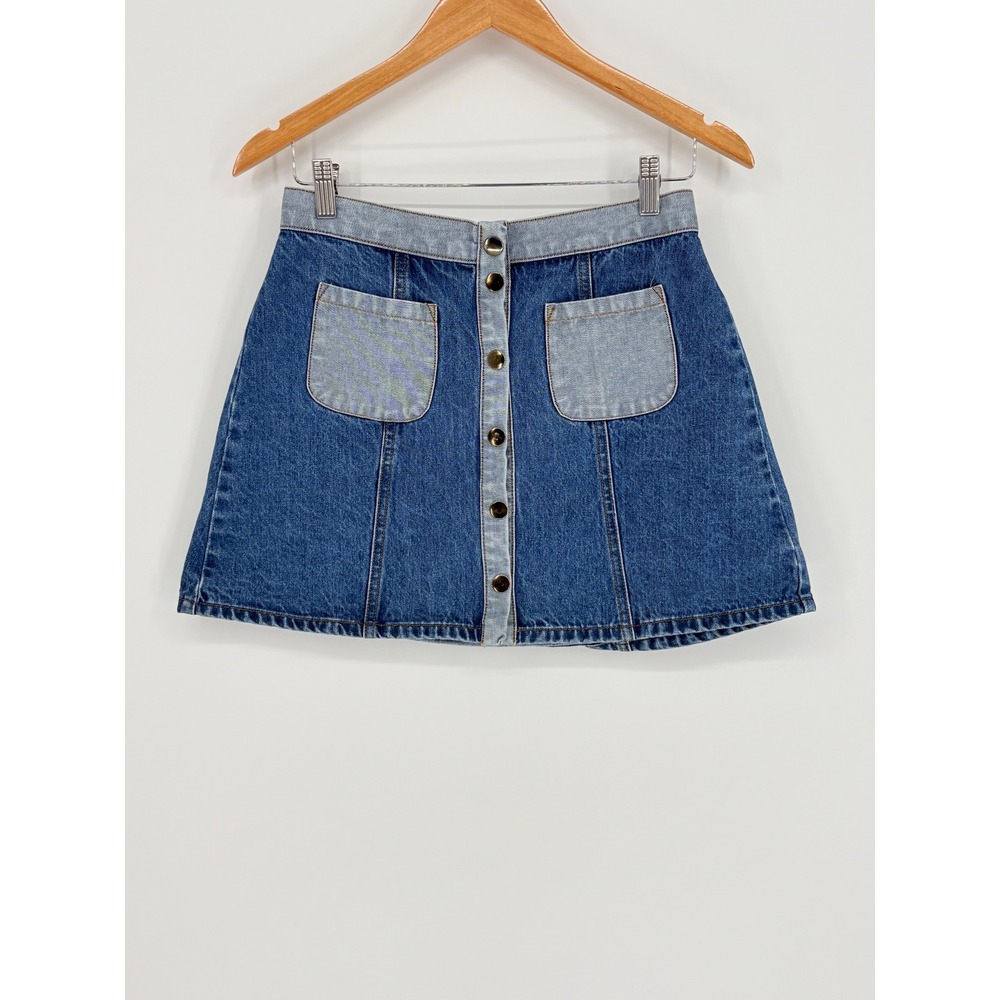 BDG Urban Outfitters Two Tone Denim Mini Skirt Size 6 Colorblock Button Front - Picture 3 of 9